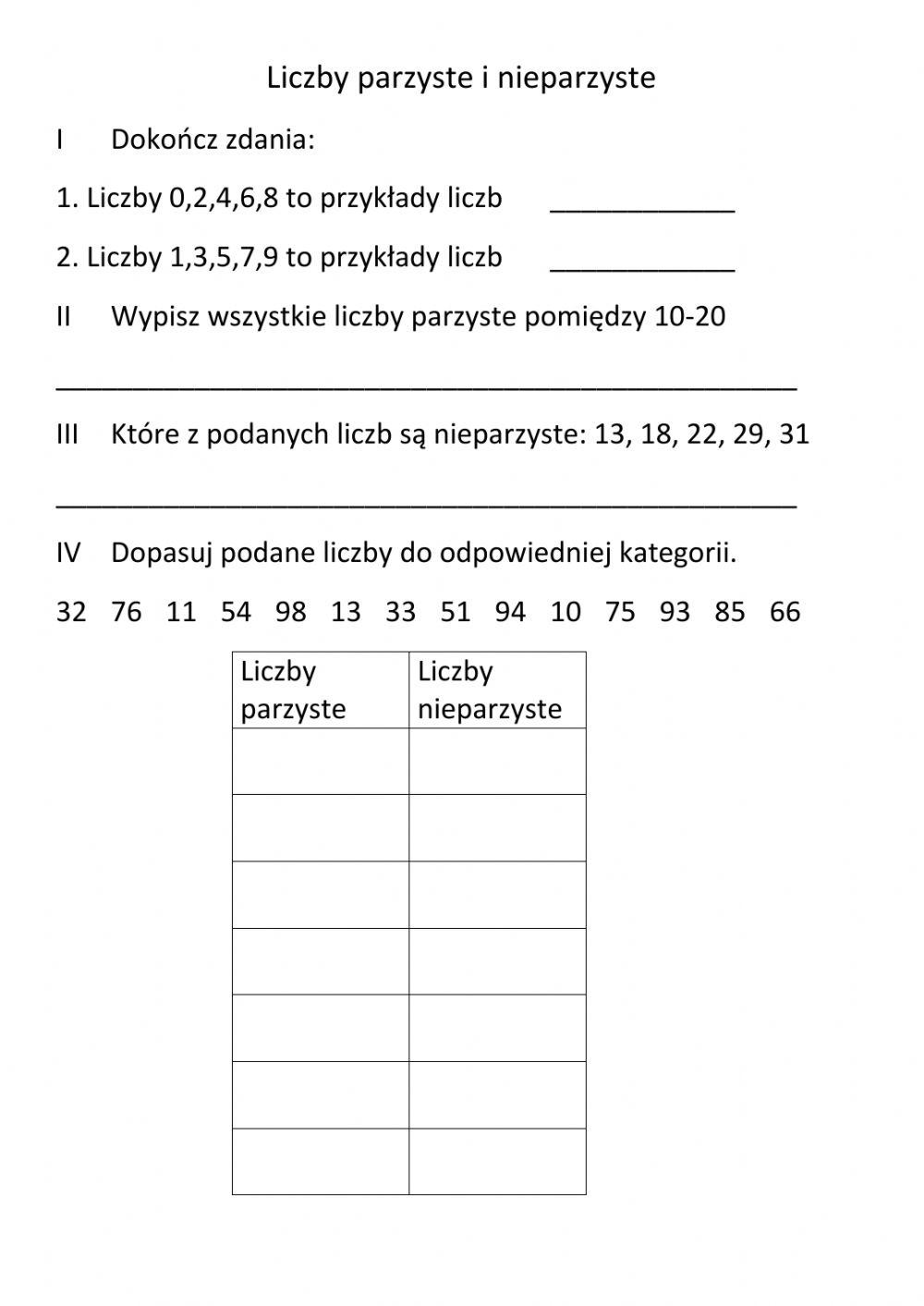 Liczby Parzyste I Nieparzyste Klasa 3