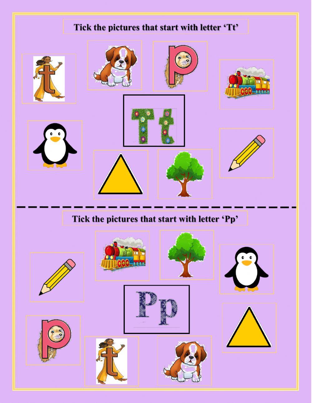 Tick the pictures that start with letter ‘Tt’ and 'Pp'