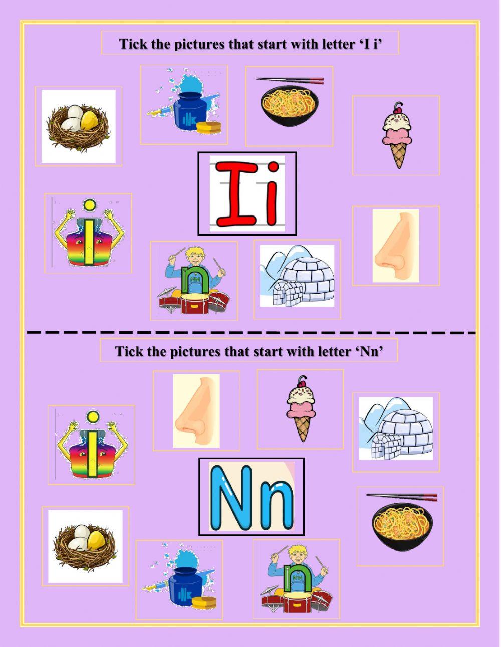 Tick the pictures that start with letter ‘Ii’ and 'Nn'