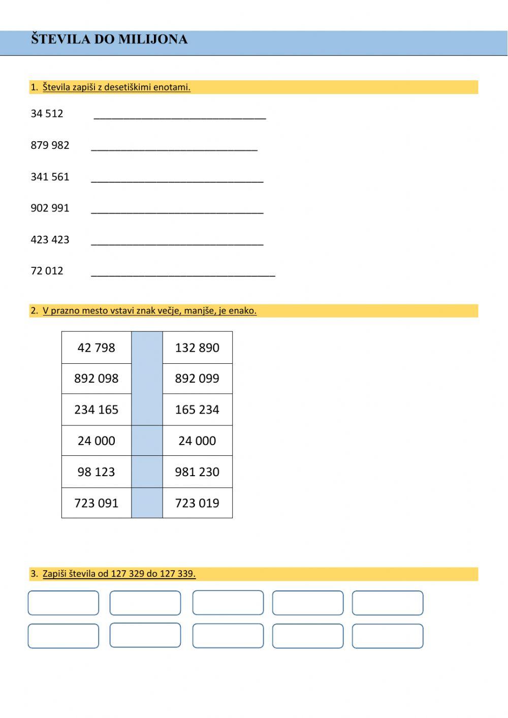 Števila do milijona - utrjujemo