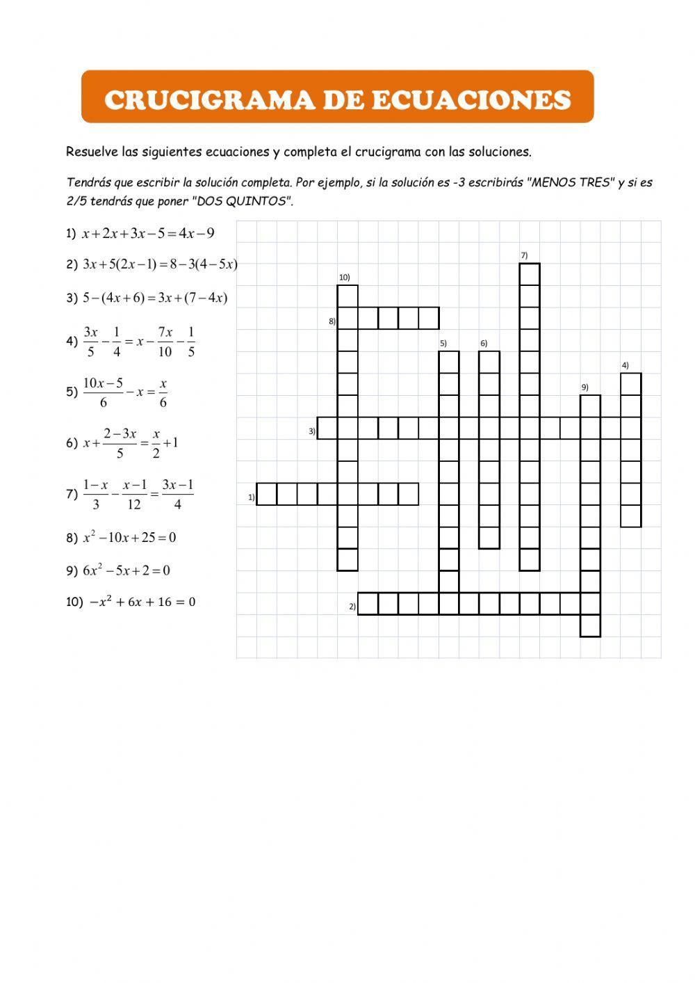 Crucigrama de ecuaciones (2º ESO)