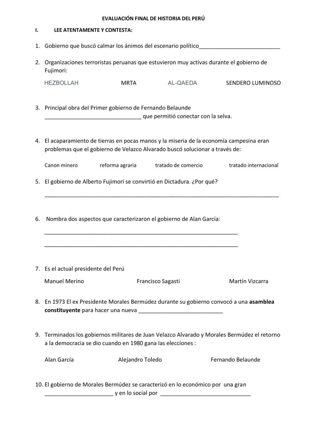 Examen de historia del Perú