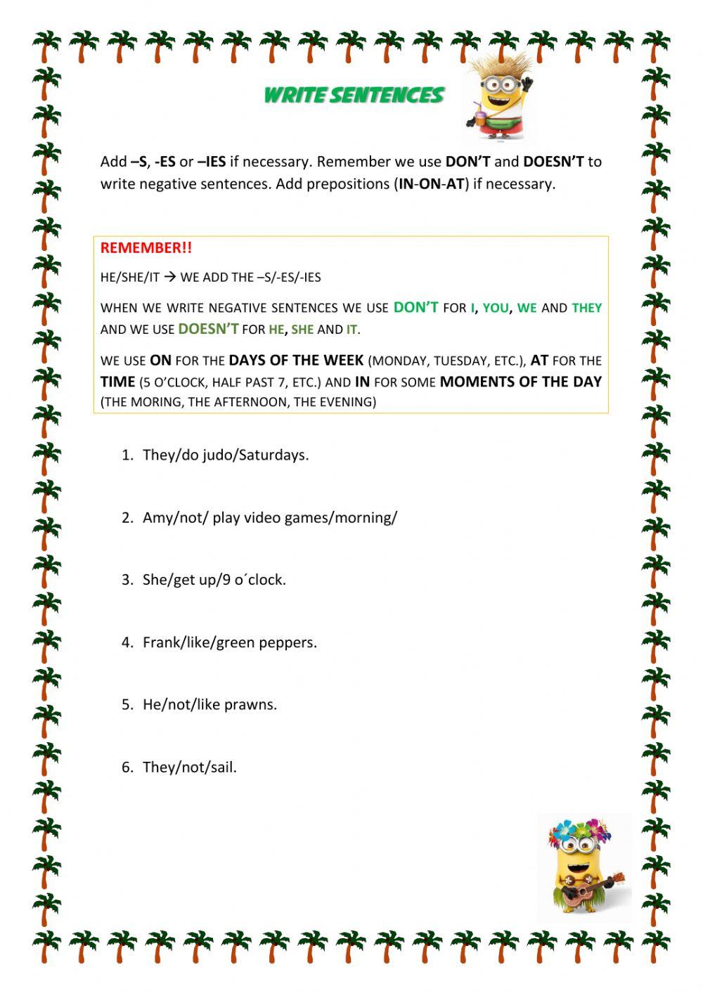 Write sentences present simple worksheet live worksheets