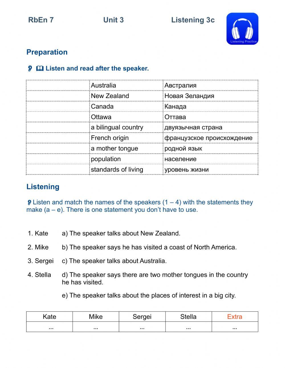 RbEn 7. Unit 3. Listening Practice 3c