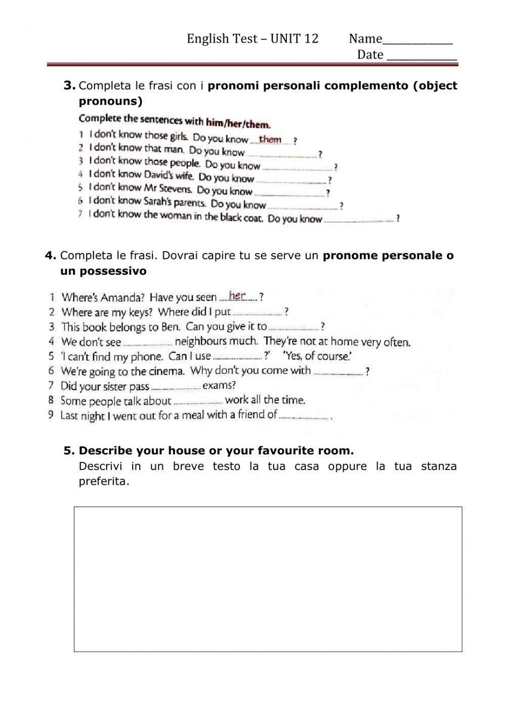 Test on house and furniture + pronouns