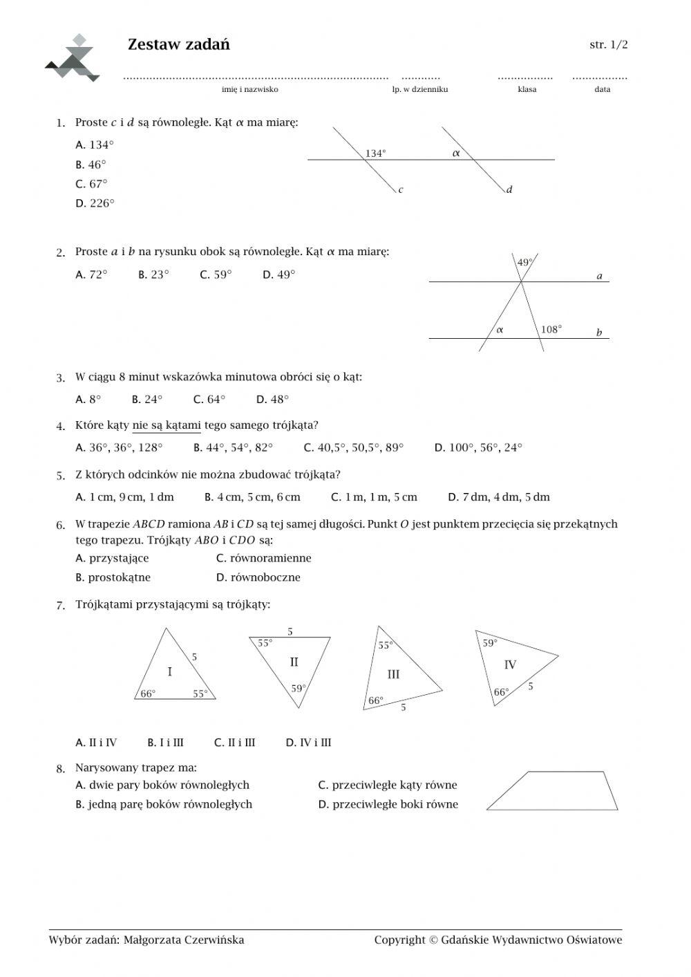 Sprawdzian Z Matematyki Klasa 7 Figury Geometryczne 4562132 | Figury geometryczne sprawdzian kl 7
