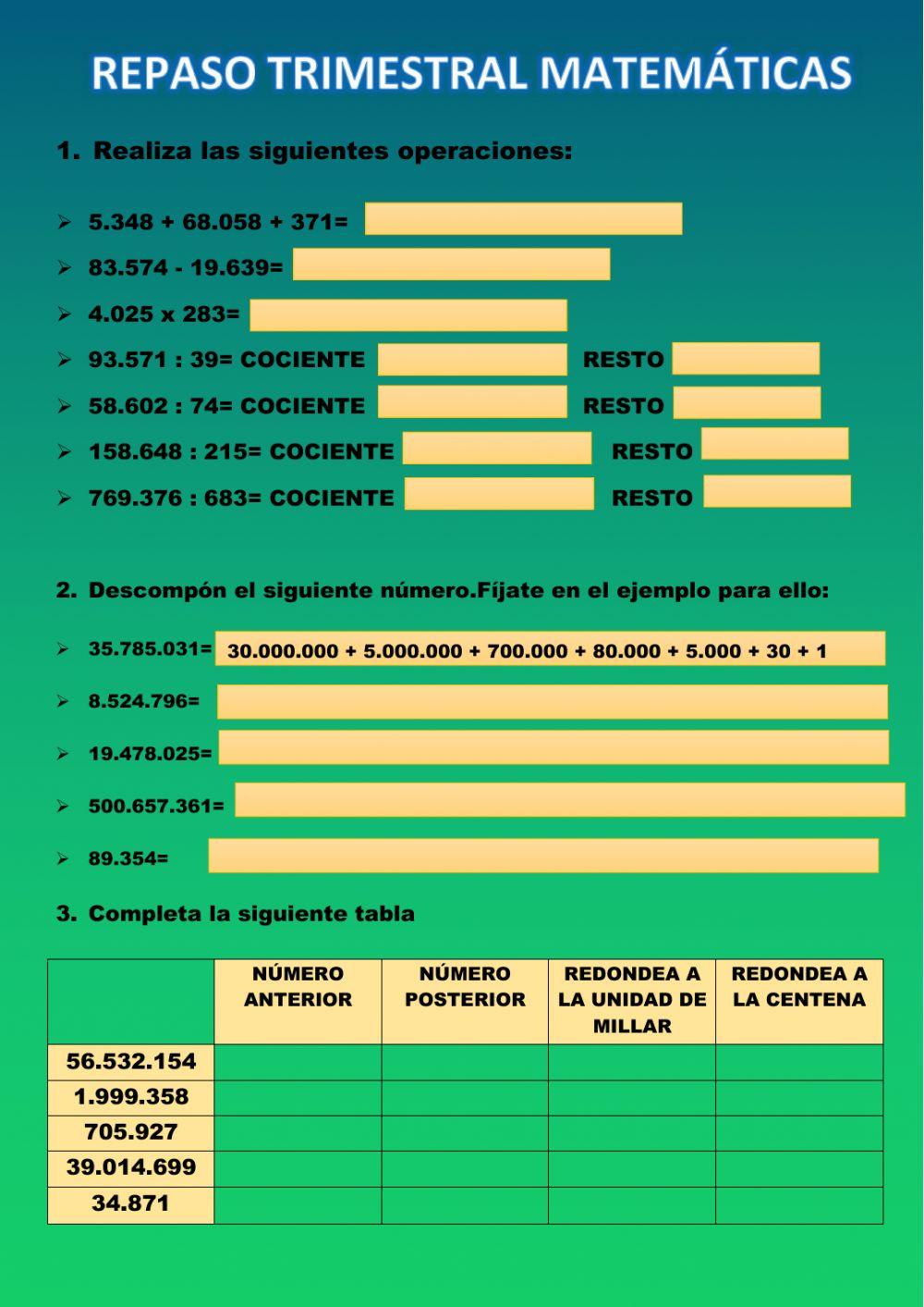 REPASO TRIMESTRAL MATEMÁTICAS