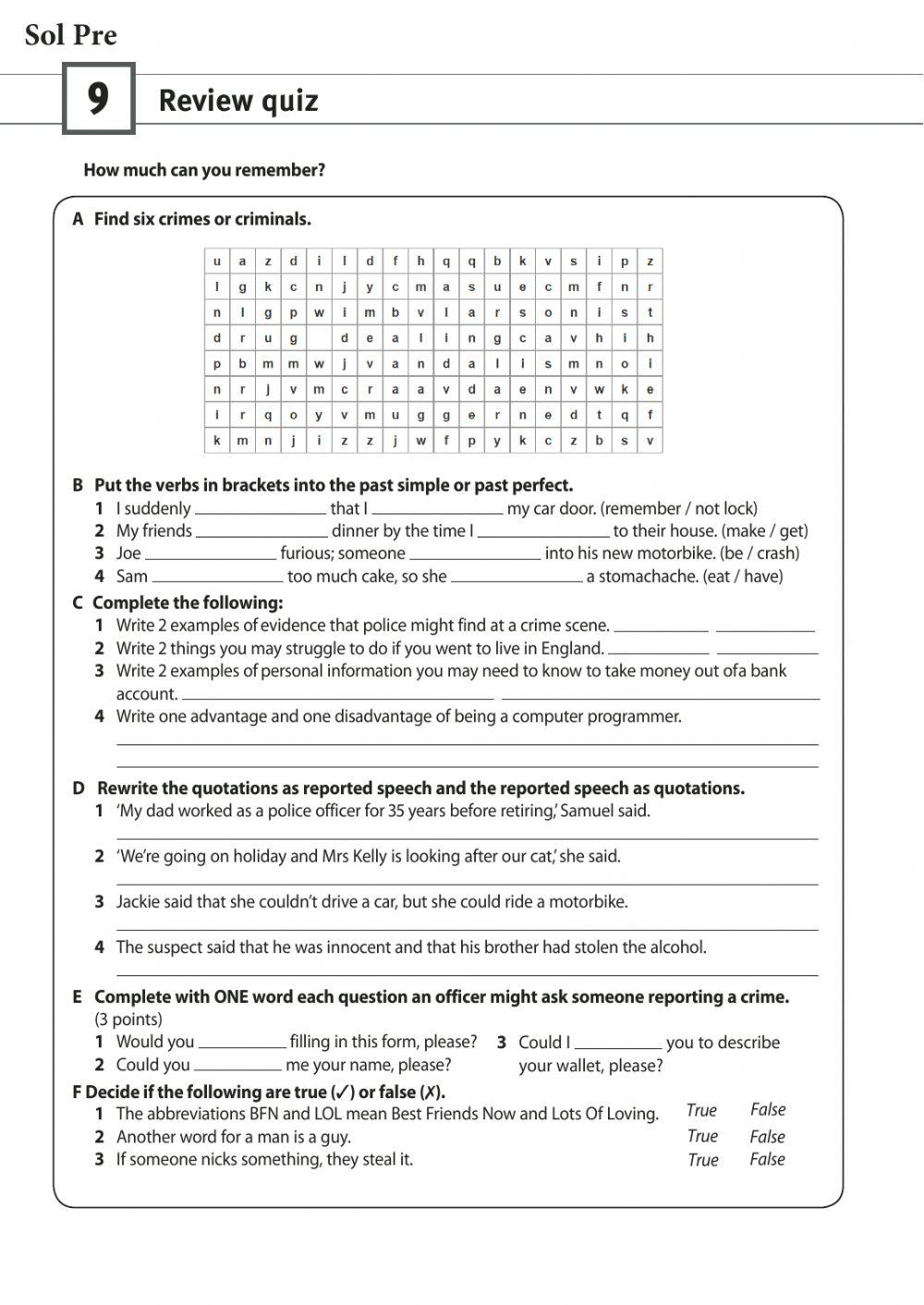 Solutions Pre Review quiz U9
