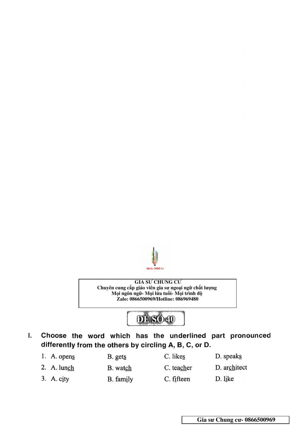 Chinh Phục bộ đề thi Tiếng Anh vào lớp 6 - Đề 40