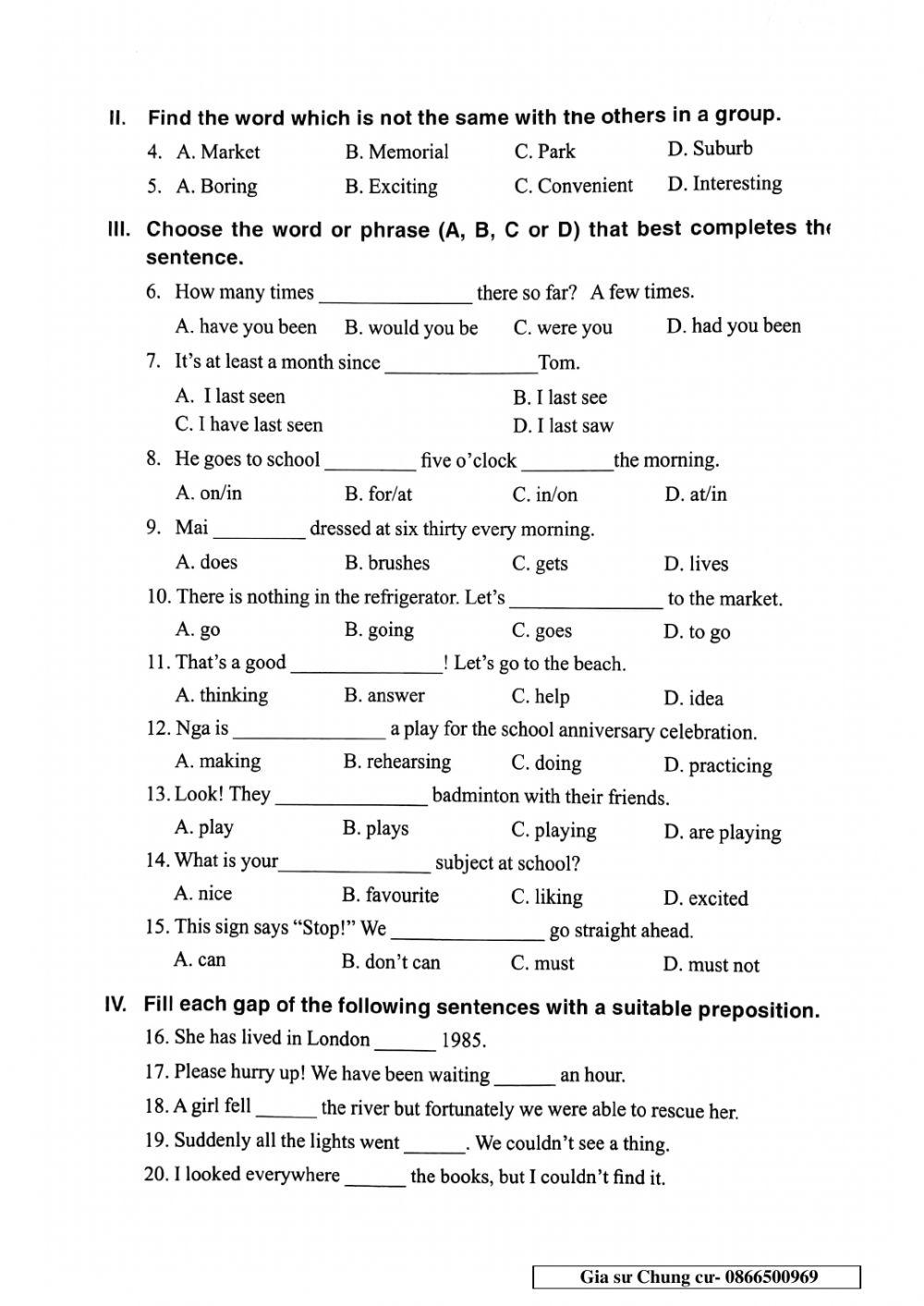 Chinh Phục bộ đề thi Tiếng Anh vào lớp 6 - Đề 40