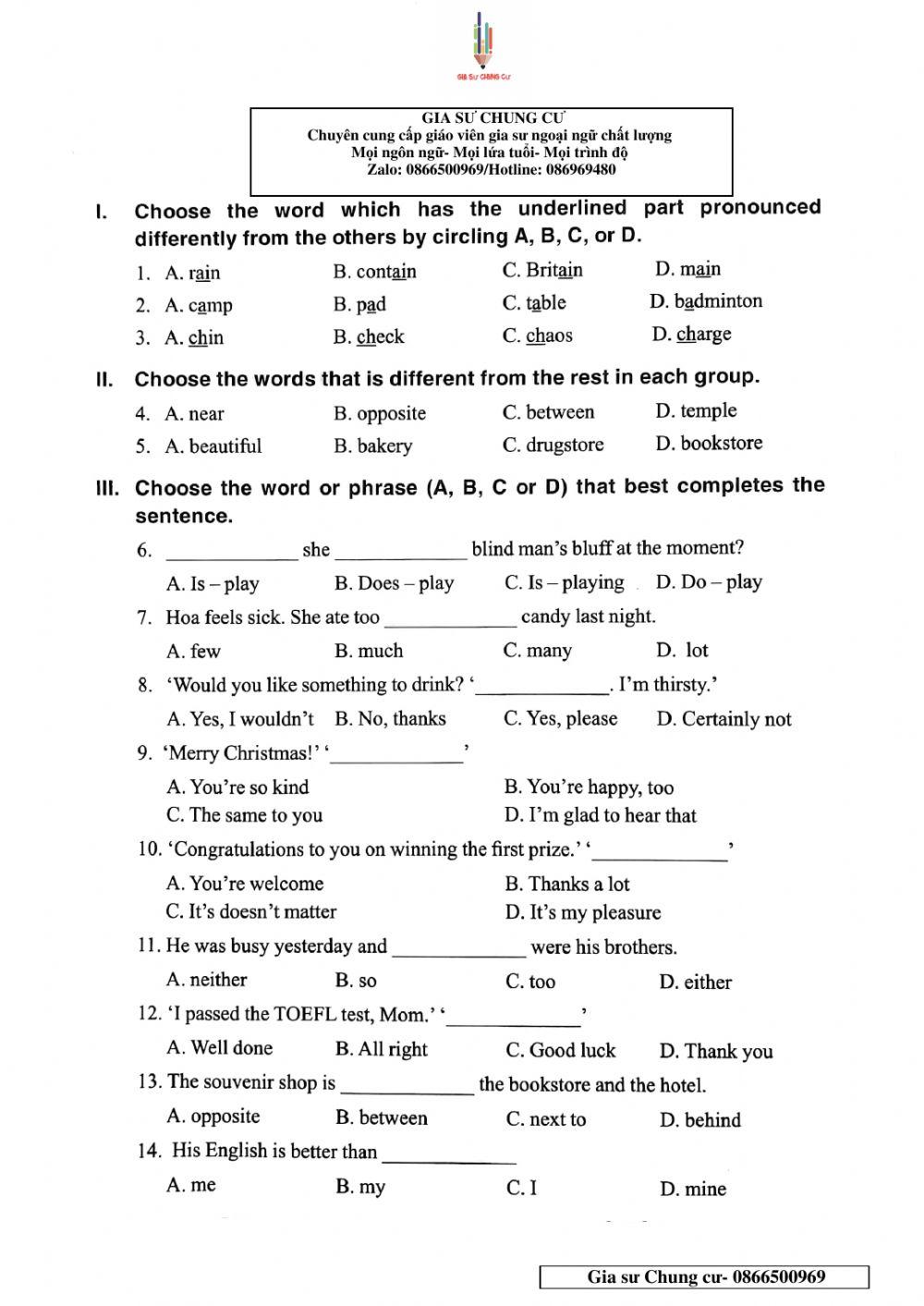Chinh Phục bộ đề thi Tiếng Anh vào lớp 6 - Đề 42