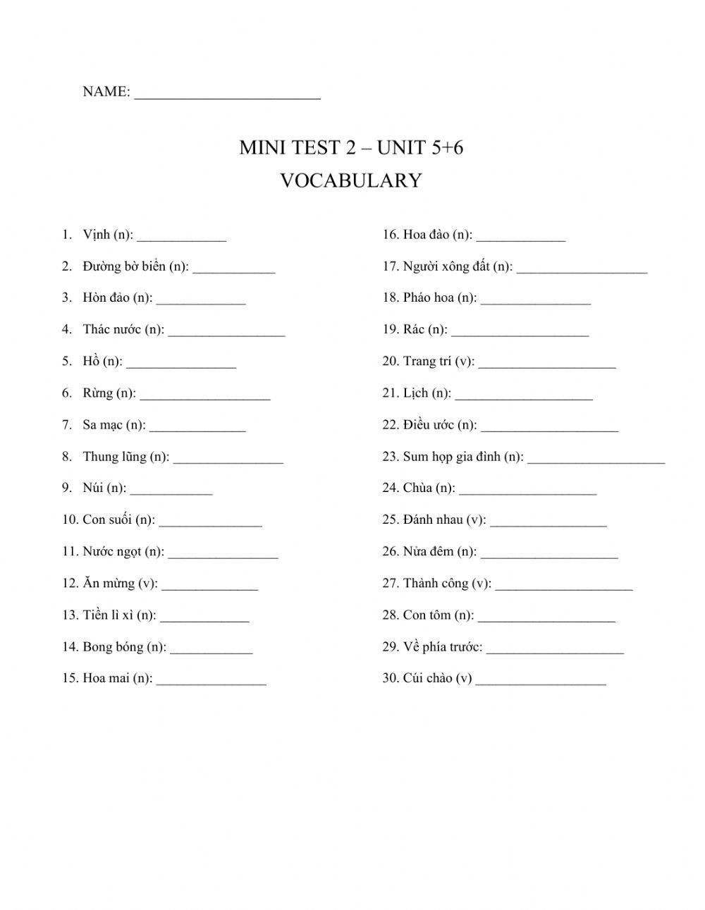 MINI TEST 2 lớp 6 Unit 5-6