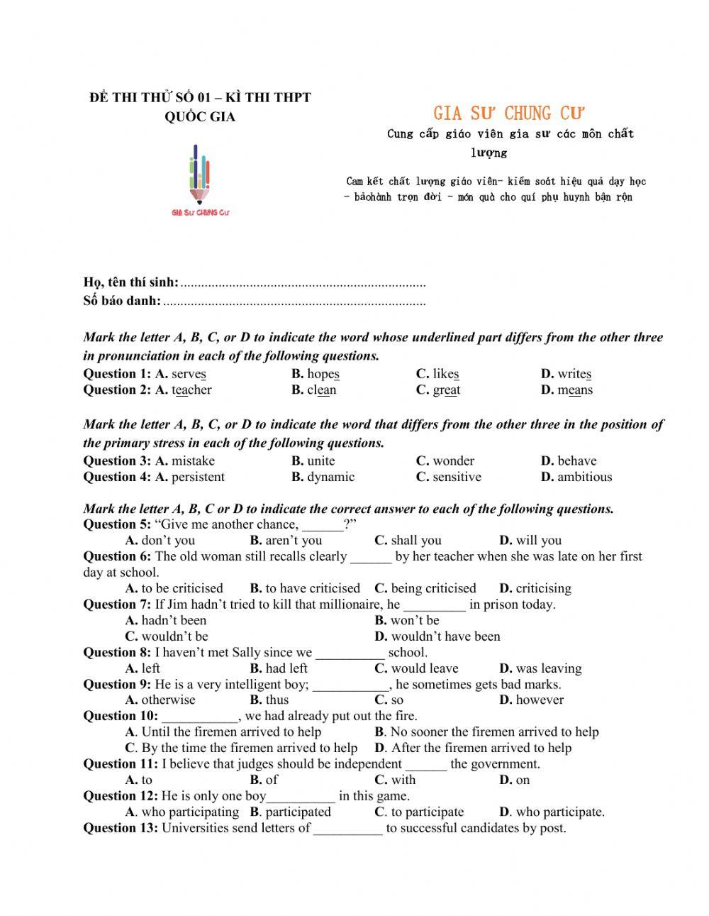 Đề thi thử THPT QG số 01