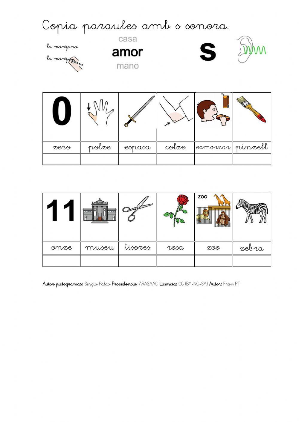 Copiar paraules amb s sorda i s sonora.