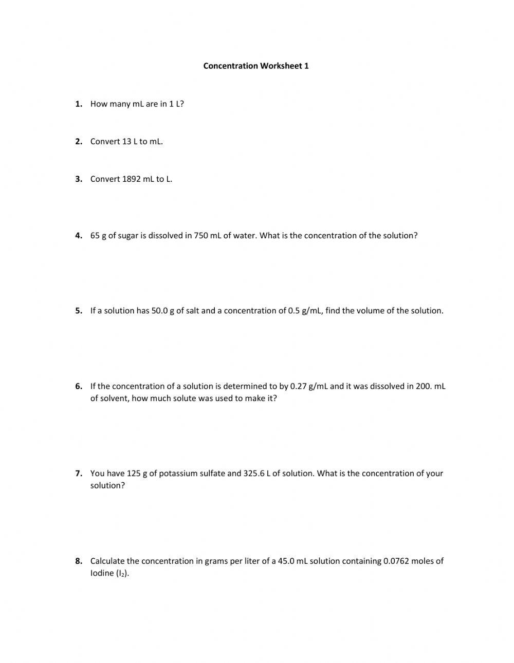 Concentration Worksheet 1 (g-mL and g-L) Concentration Worksheet 1 (g-mL and g-L)
