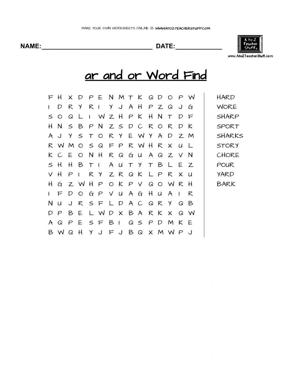 -ar and -or Word Find