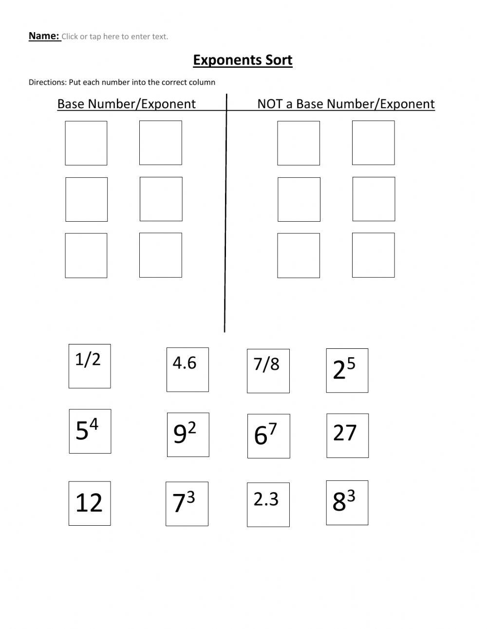 Exponents Sort Worksheet