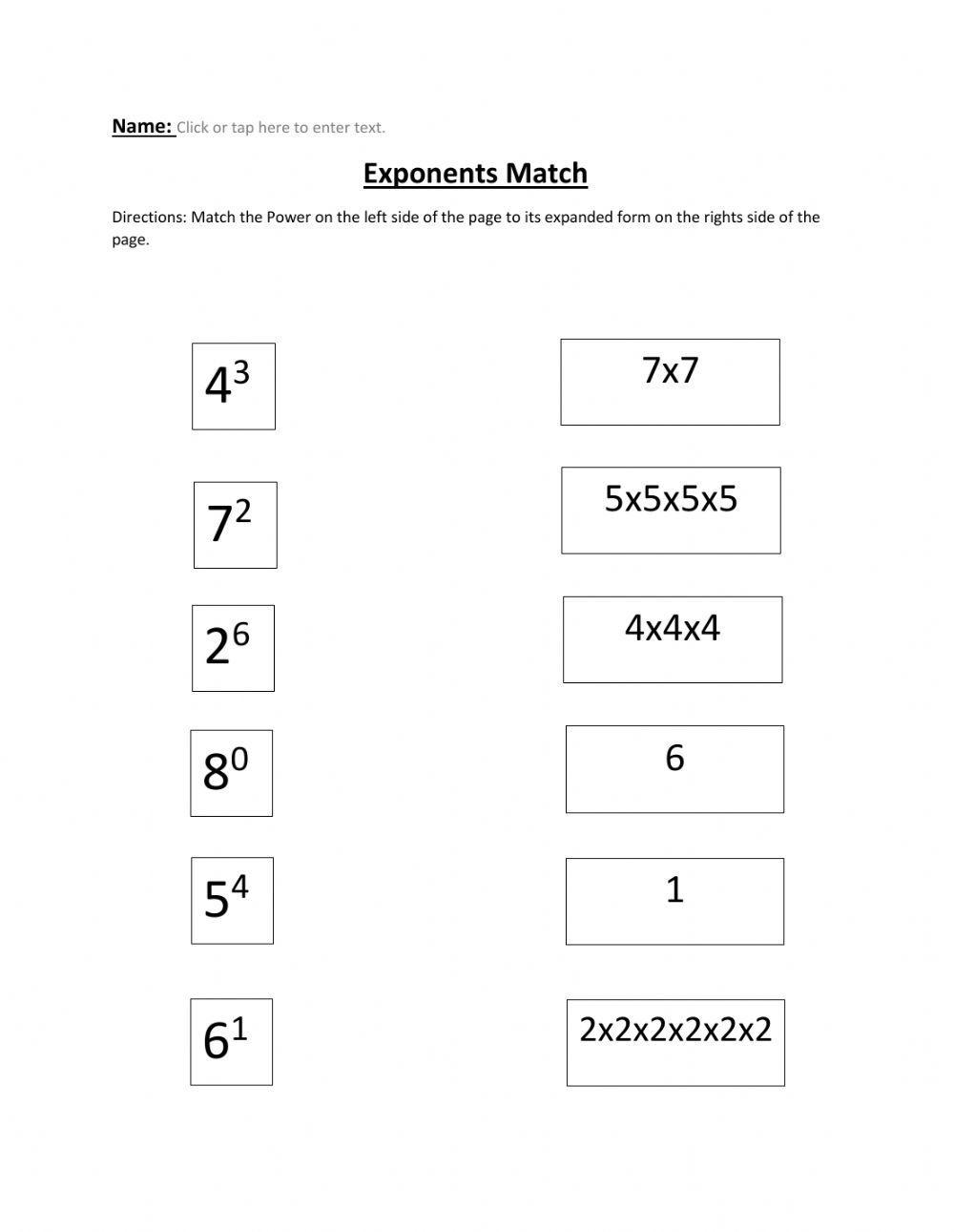 Exponent Match Worksheet