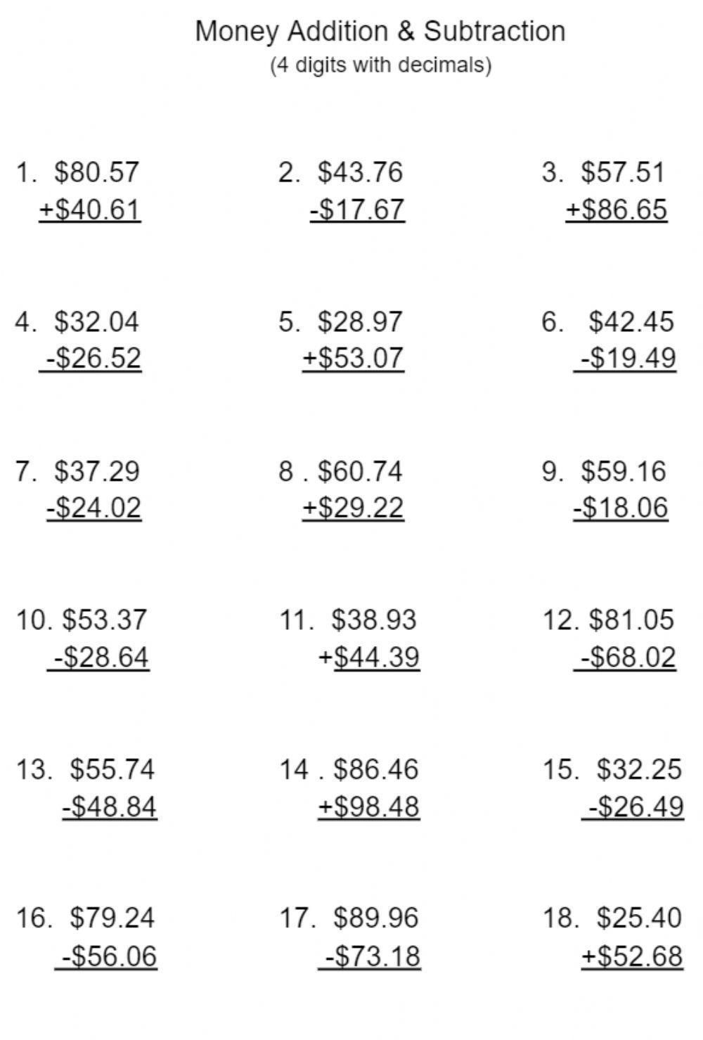 2. Money addition and subtraction - 4 digits with decimals