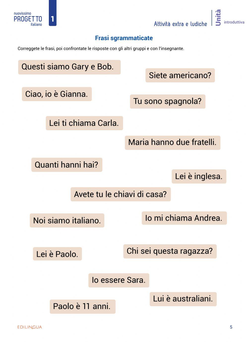 Unità introduttiva - attività extra e ludiche - p.5 frasi sgrammaticate