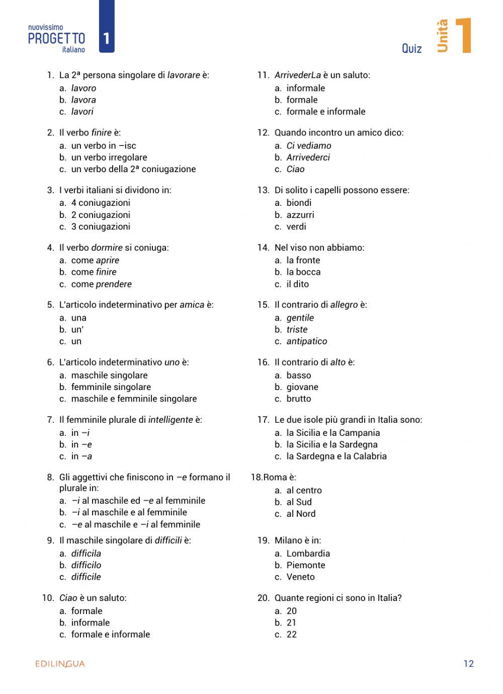 Unità 1 - attività extra e ludiche - p.12 Quiz