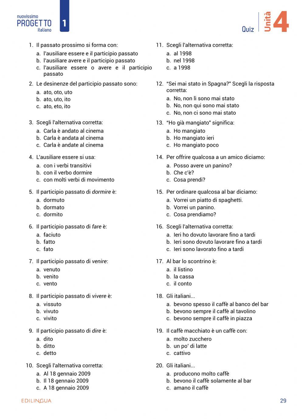 Unità 4 - attività extra e ludiche - p.29 Quiz