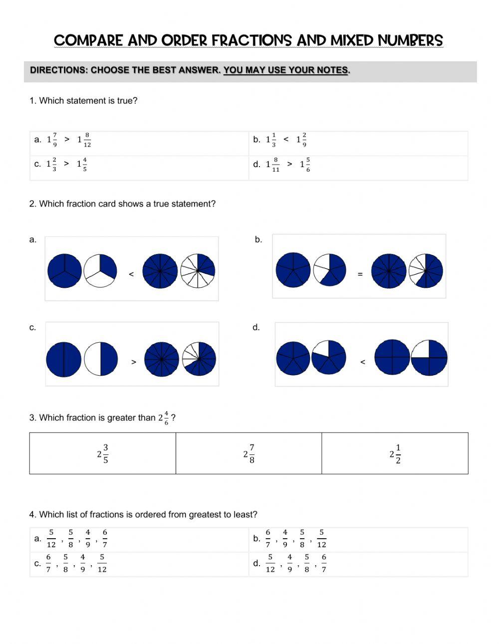 Compare and Order Fractions and Mixed Numbers