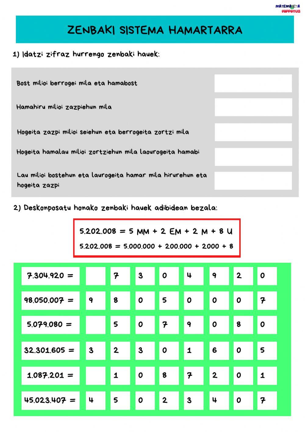 Zenbaki sistema hamartarra (deskonposizioa eta zenbakiak alderatzea)