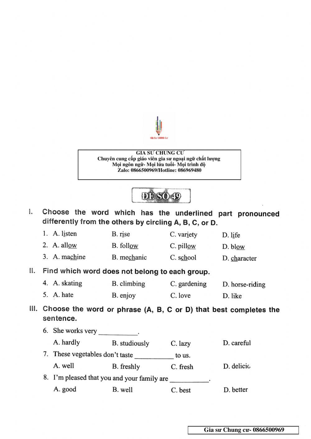 English 6 - Đề số 49