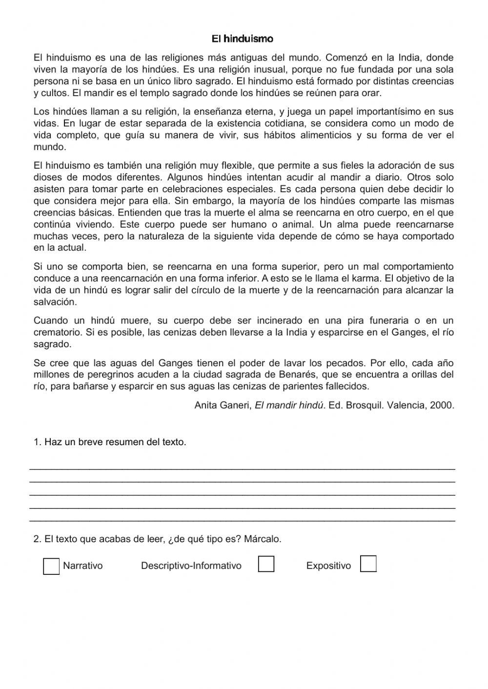 Hinduísmo: Comprensión lectora