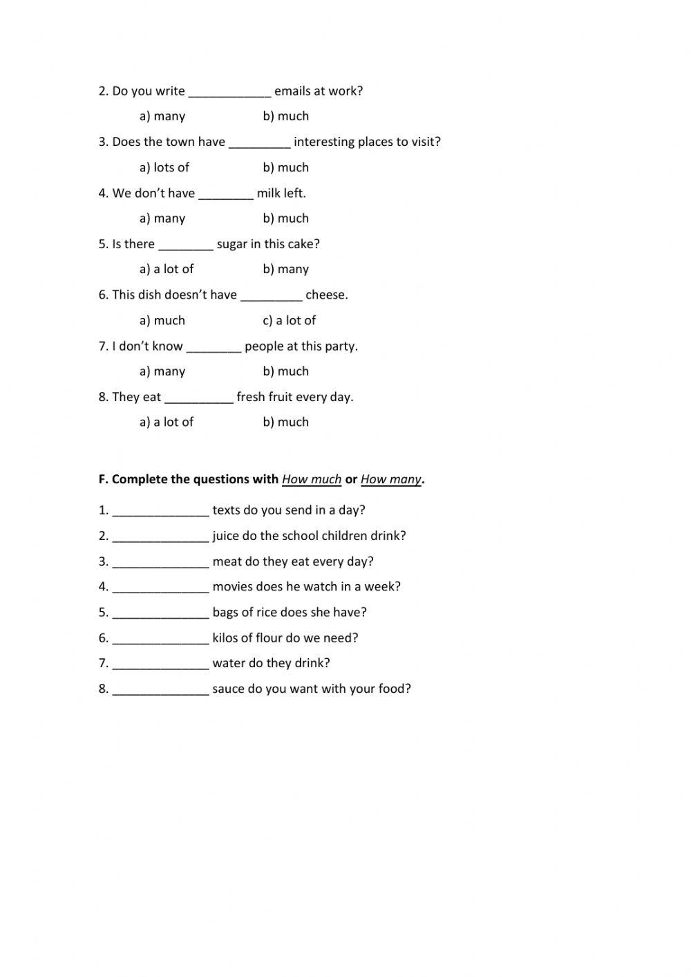 Unit 5 - Worksheet 2 - A lot of - Lots of - much - many - How many ...