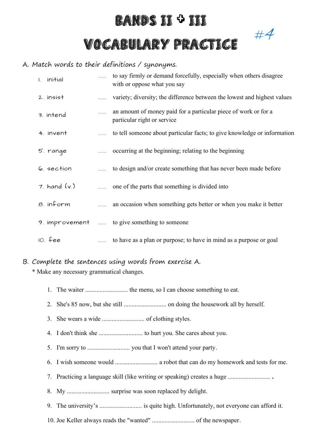Bands II+III Vocabulary practice interactive worksheet Live Worksheets