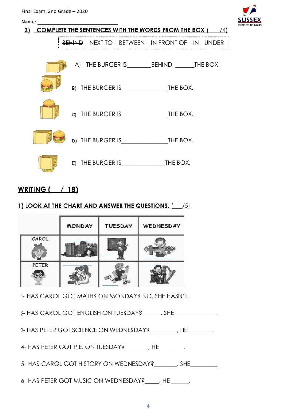 FINAL EXAM 2020 2nd GRADE Sussex