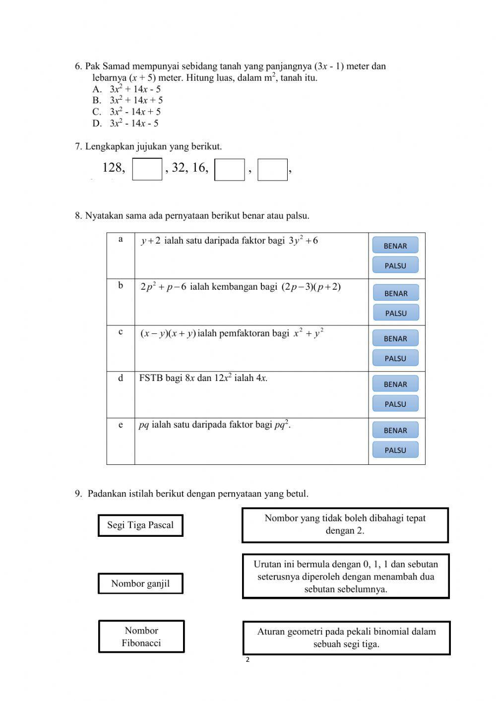 Pra-peperiksaan matematik tingkatan 2