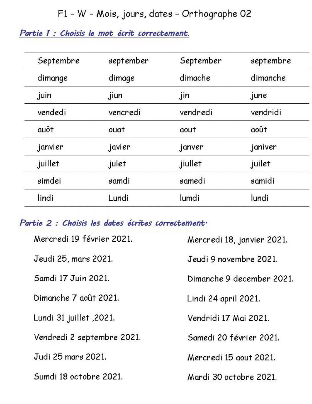 F1 - W - Mois, jours, dates - Orthographe 02