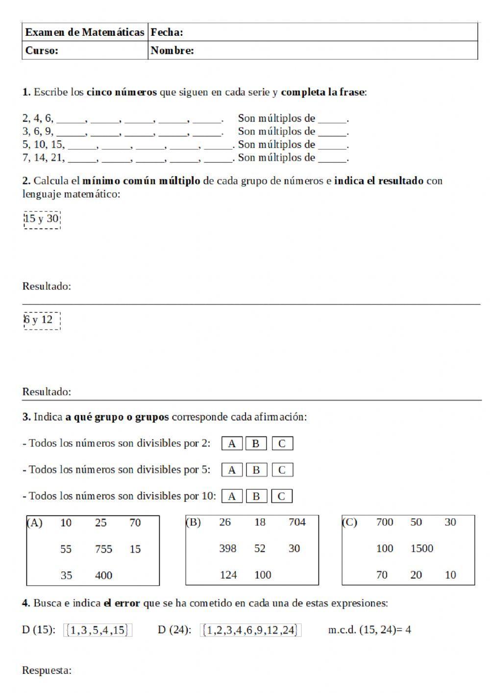 Examen múltiplos y divisores