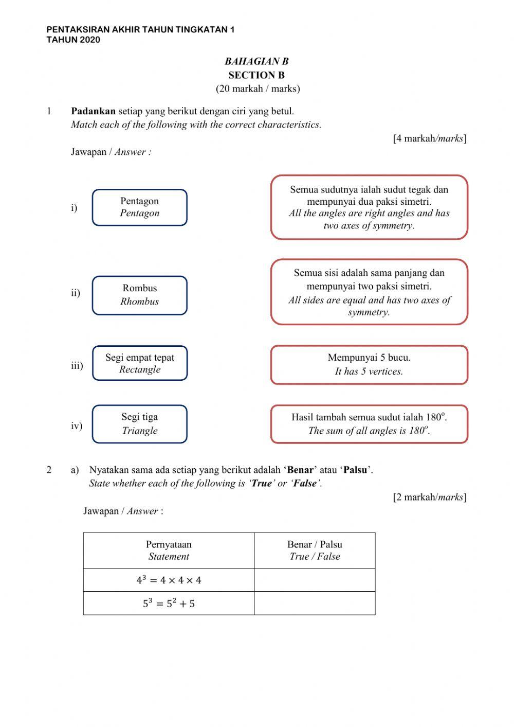 Pat tingkatan 1 matematik 2020 (bahagian b)