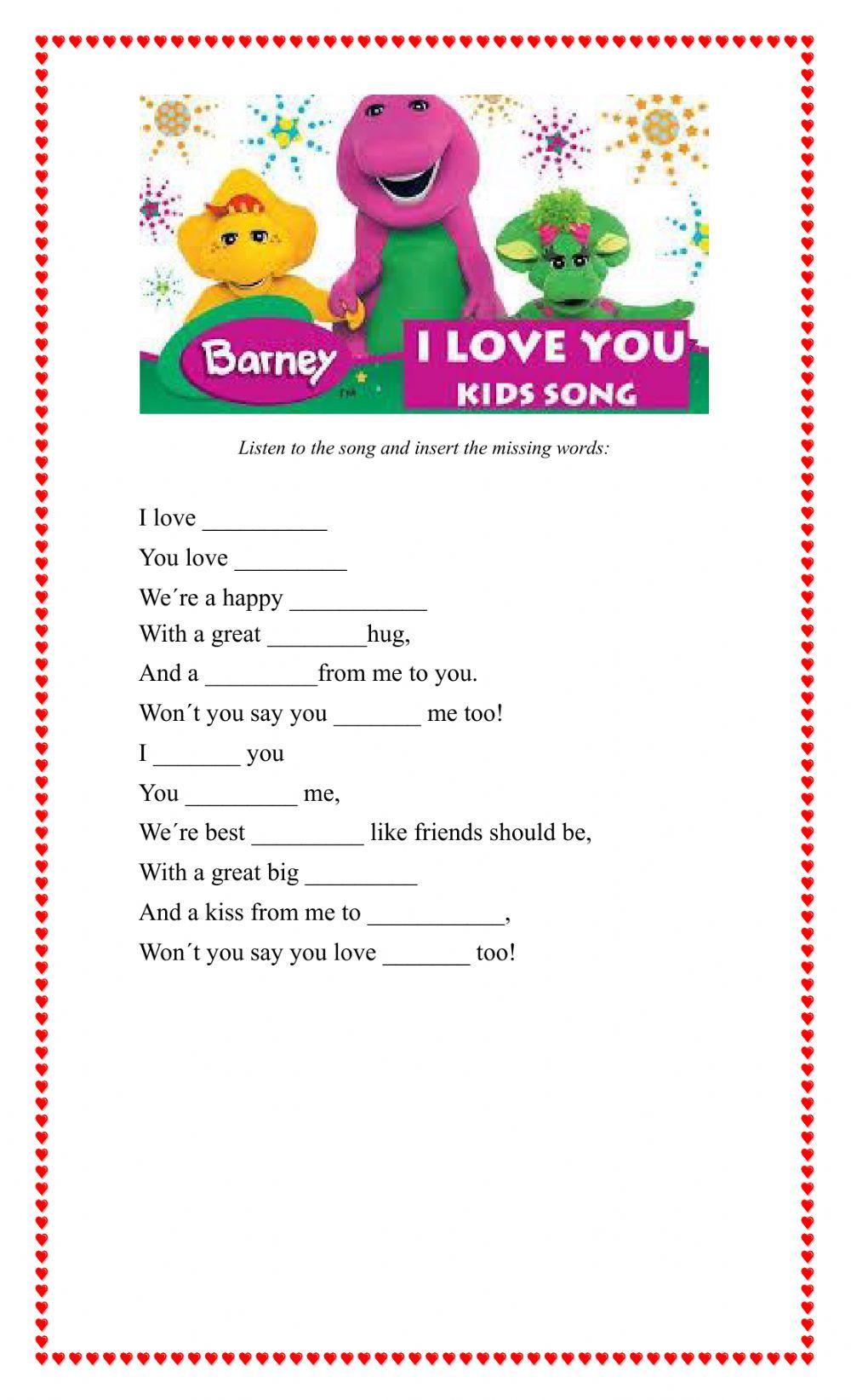 I Love You You Love Me Barney Lyrics Barney song I love you, You love me worksheet | Live Worksheets