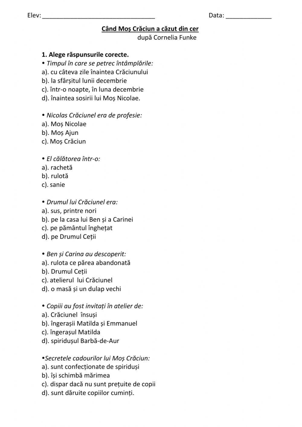 Fișă de lucru-Când Moș Crăciun a căzut din cer, C.Funke