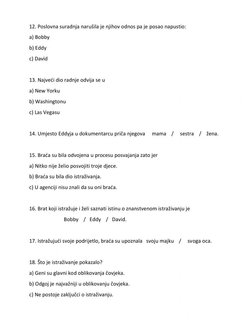 Nastavni listić nakon gledanja filma Three Identical Strangers