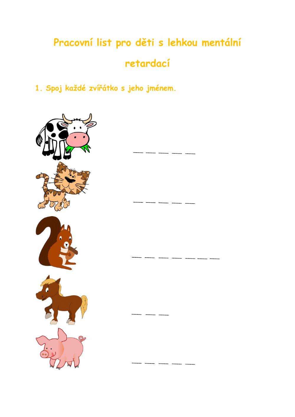 Pracovní list pro děti s lehkou mentální retardací