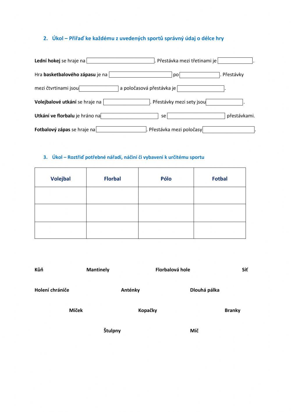 Pracovní list - Kolektivní sporty