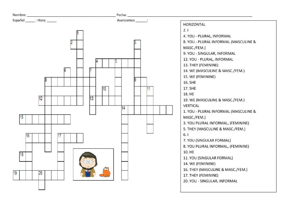 Subject Pronouns Crossword Puzzle