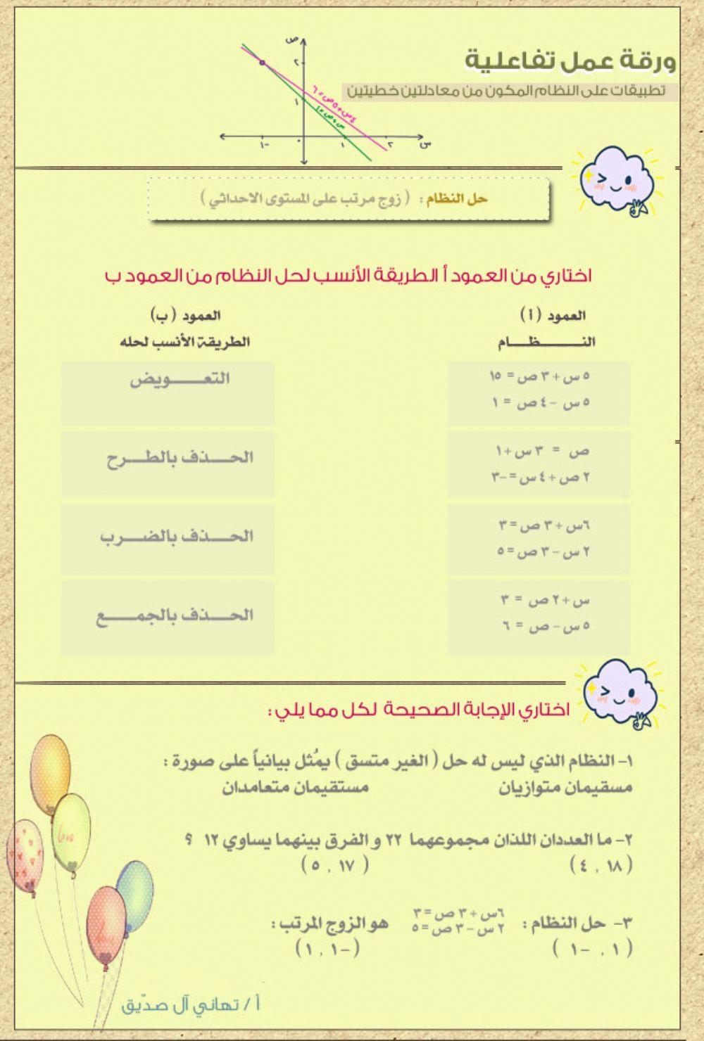 تطبيقات على النظام المكون من معادلتين خطيتين