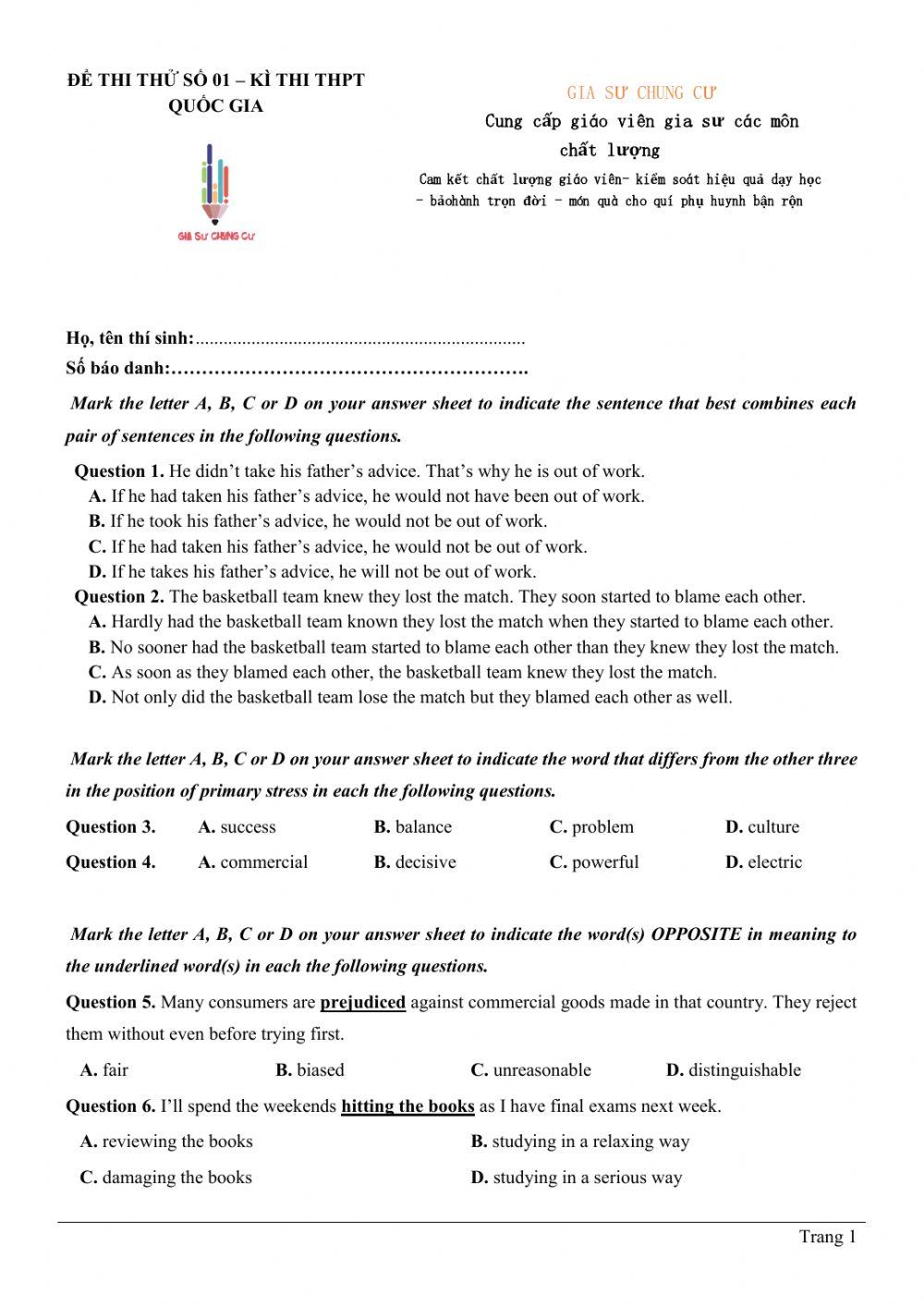 Đề thi thử THPT QG số 03