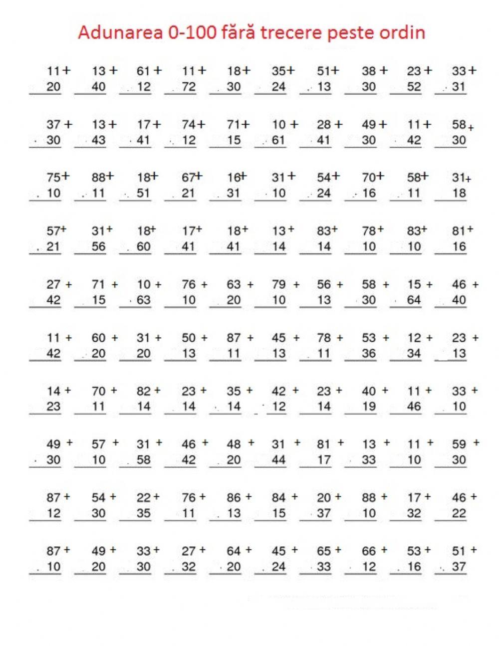 Adunarea 0-100 fără trecere peste ordin