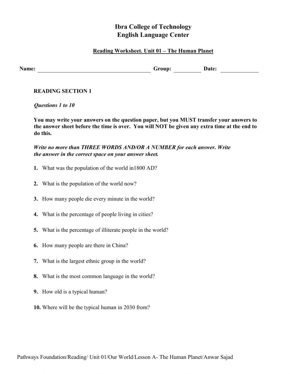 Reading Comprehension - The Human Planet