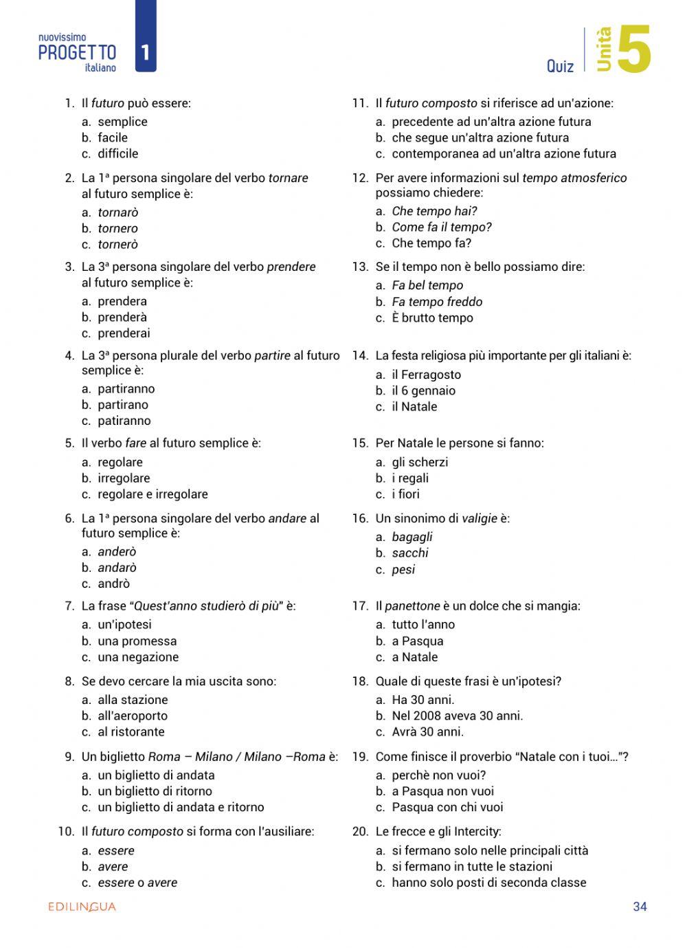 Unità 5 - attività extra e ludiche - p.34 Quiz