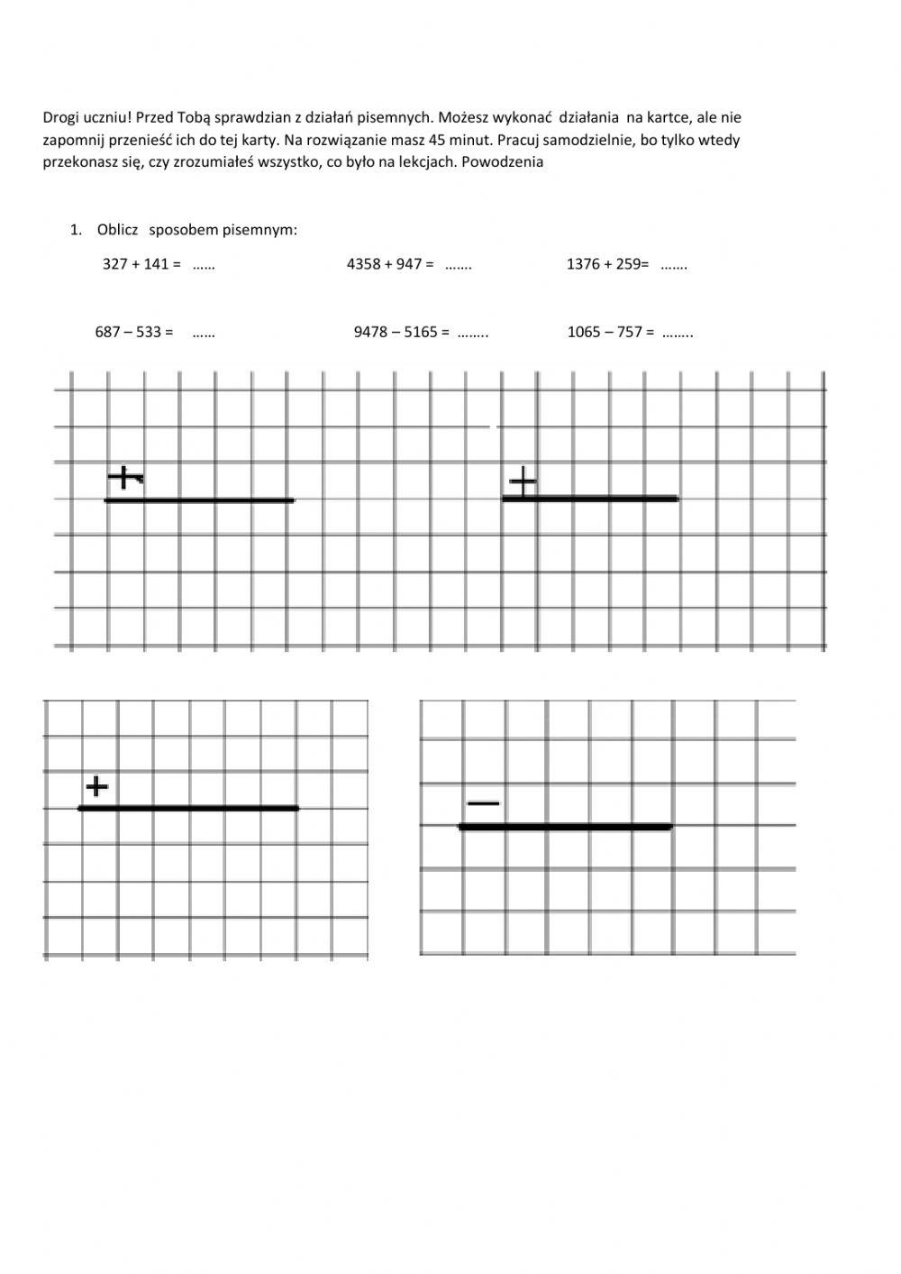 Sprawdzian - działania pisemne