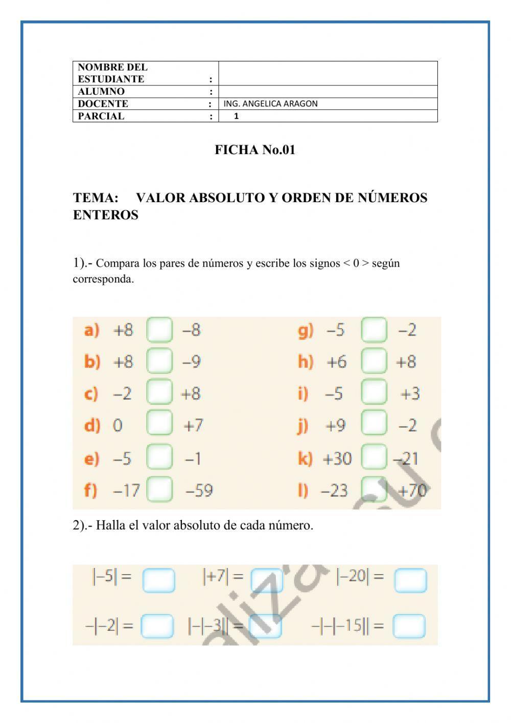 Valor absoluto y orden de numeros enteros